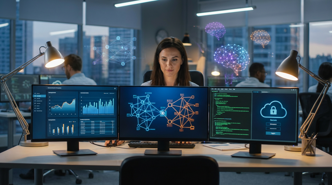 Consultant IT professionnel travaillant sur plusieurs écrans avec des graphiques de données