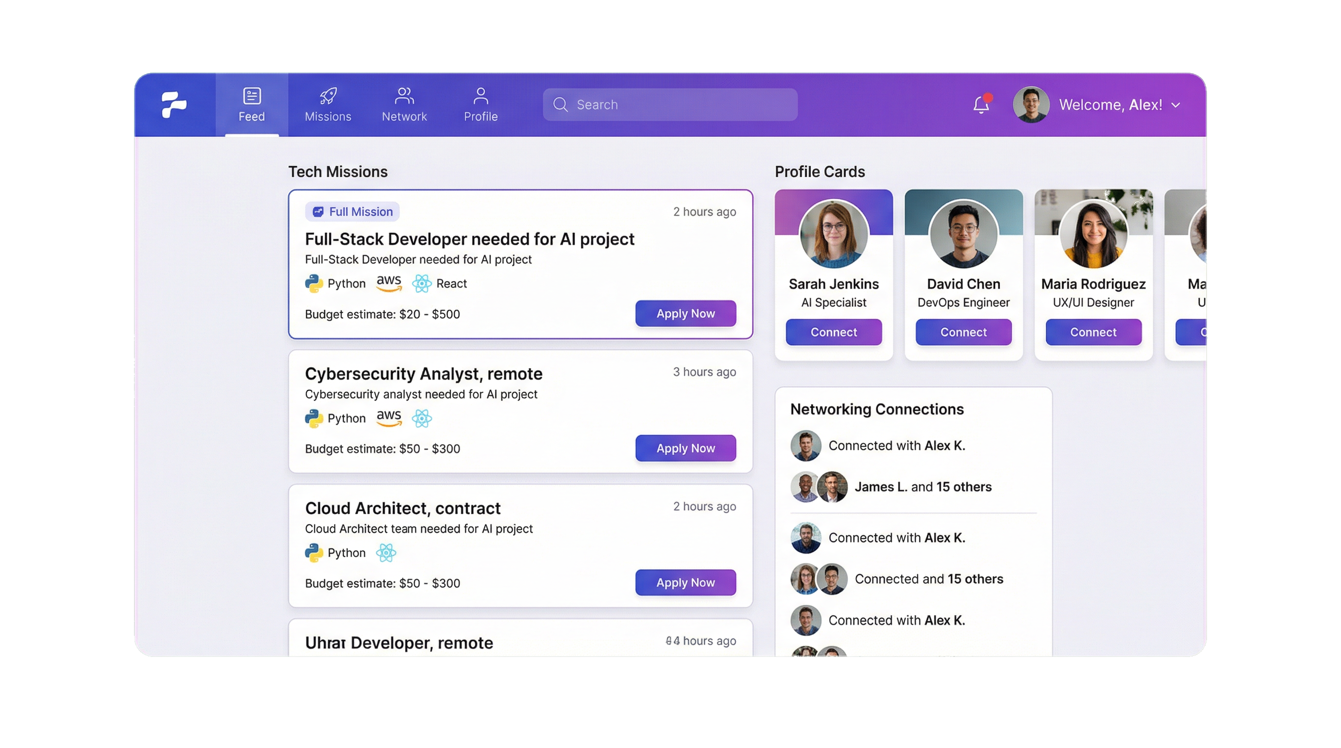 Interface de la plateforme Xlance.pro montrant un flux de missions et des profils de freelances